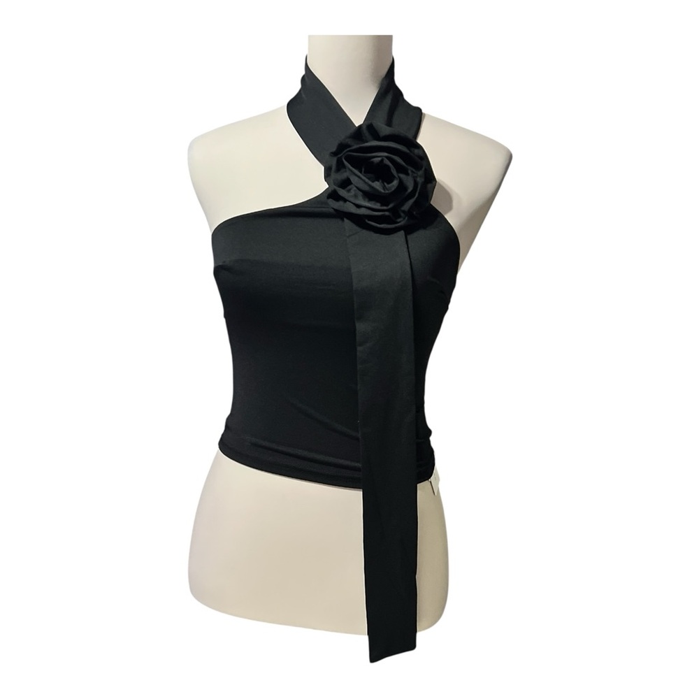 Commense Black Halter Open Back Rosette Crop Sleeveless Asymmetrical Tank Top